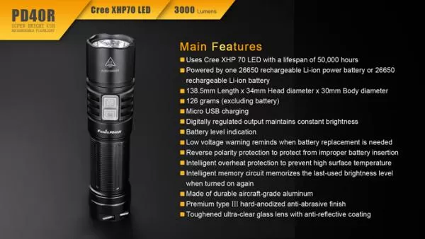 Fenix PD40R Cree XHP70 LED Taschenlampe 3000 Lumen inkl. 26650 Li-Ion Akku Fenix PD40R Cree XHP70 LED Taschenlampe 3000 Lumen inkl. 26650 Li-Ion Akku