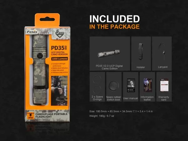 Fenix PD35 V2.0 Cree XP-L HI V3 1000 Lumen LED Taschenlampe inkl. Batterien, Digital Camo Fenix PD35 V2.0 Cree XP-L HI V3 1000 Lumen LED Taschenlampe inkl. Batterien, Digital Camo