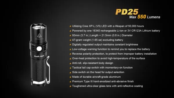 Fenix PD25 Cree XP-L V5 LED Taschenlampe 550 Lumen inkl. 1 x CR123A Batterie Fenix PD25 Cree XP-L V5 LED Taschenlampe 550 Lumen inkl. 1 x CR123A Batterie